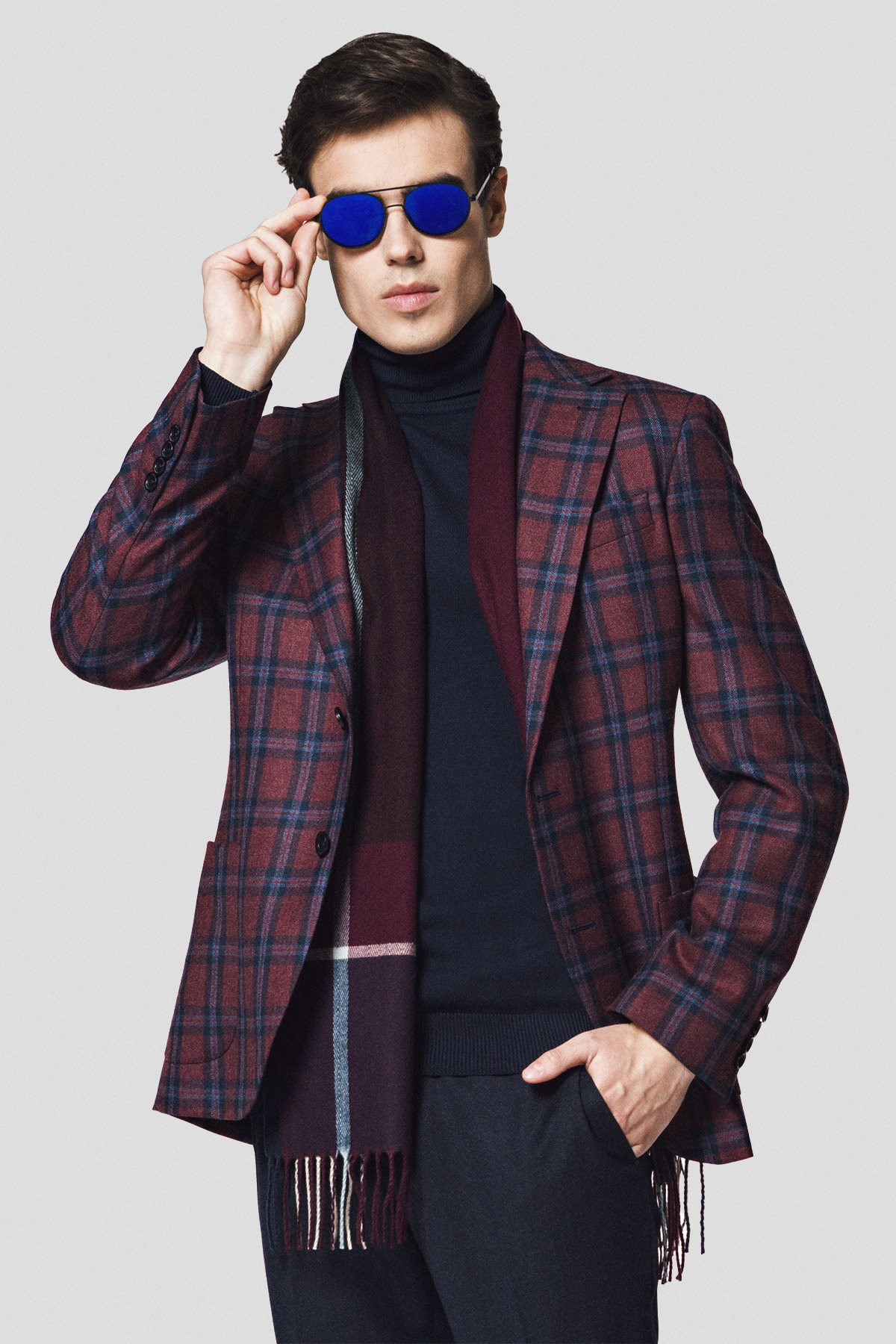 Lancerto Marynarka Bordowa Wełniana w Kratę Tartan Provins