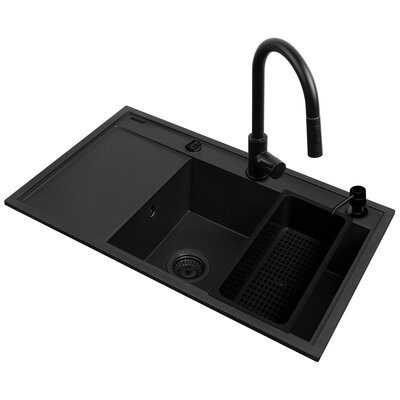 Zlewozmywak jednokomorowy z ociekaczem PYRAMIS Camea 1B1D R Czarny 50x79 + bateria + wkładka ociekowa + dozownik Czarny