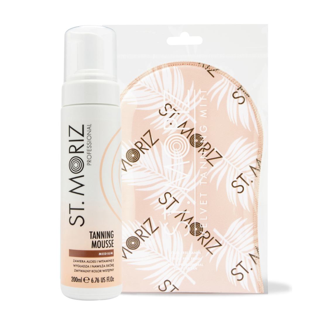 ST.Moriz Professional zestaw: rękawica premium do aplikacji samoopalaczy, 1 szt. + samoopalacz w piance do ciała i twarzy odcień średni, 200 ml