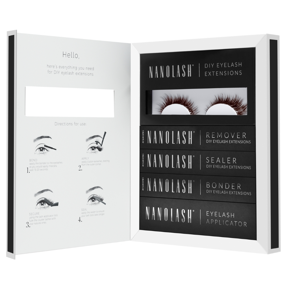 Nanolash DIY Eyelash Extensions Starter Kit Brown zestaw: sztuczne brązowe rzęsy 10-12-14 mm Heartbreaker, 36 szt. + transparentny bonder do rzęs, ...