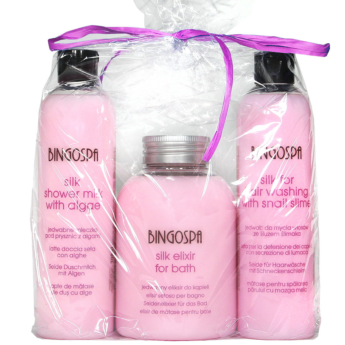 Bingospa zestaw prezentowy: jedwabny eliksir do kąpieli, 500 ml + jedwab do mycia i pielęgnacji włosów, 300 ml + jedwab - mleczko pod prysznic, 300 ml