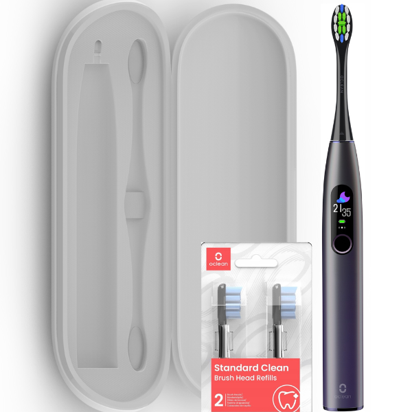 Oclean X Pro zestaw: szczoteczka soniczna fioletowa, 1 szt. + dodatkowe końcówki, 2 szt. + etui, 1 szt.