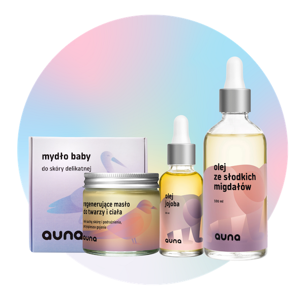 Auna Baby Shower zestaw: olej migdałowy, 100 ml + mydło baby, 100 g + masło regenerujące, 60 ml + olej jojoba, 30 ml